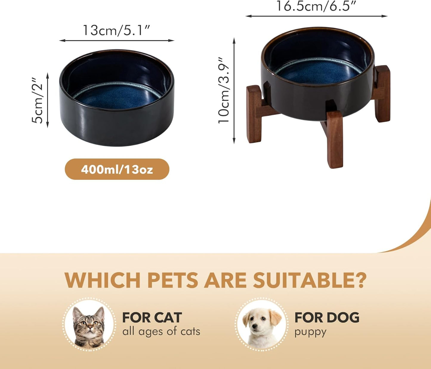 Ceramic 5.1inch Raised Dog and Cat Bowl Set, 2 Heights Elevated Wooden Stand for Puppy, Kitty, Cats, Weighted Pet Food and Water Dishes(5.1'',13.5oz, Starry Sky)