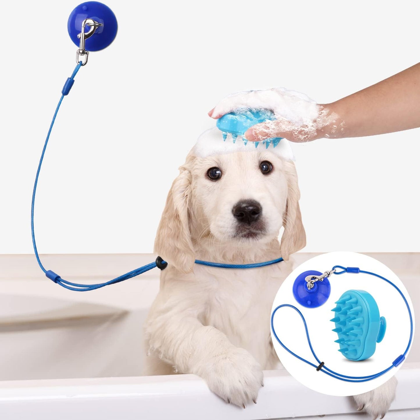 Petbobi Dog Bathing Tether with Heavy Suction Cup, Pet Grooming Tub Restraint Leash with Dog Scrubber for Bath, Adjustable Cat Fixed Safety Rope for Shower, Blowing, Trimming, Brushing Pet