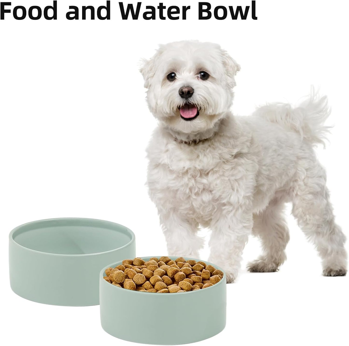 Ceramic 6.1inch Dog Bowls for Small and Medium Breed Dog Dish Pet Food and Water Bowl (Set of 2 Bowls - Light Green, 28oz)