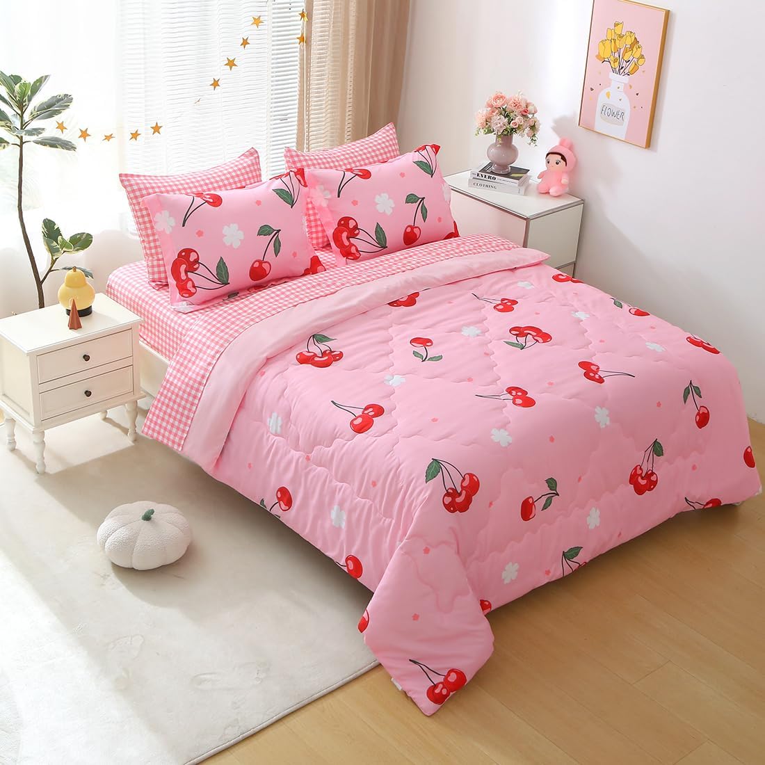 Girls Cherry Comforter Bedding Set Queen Size 7 Piece Pink Kawaii Oriental Cherry Comforter Set Bed in A Bag for Kids Teens All Season (Comforter,Flat Sheet,Fitted Sheet and Pillow Sham)