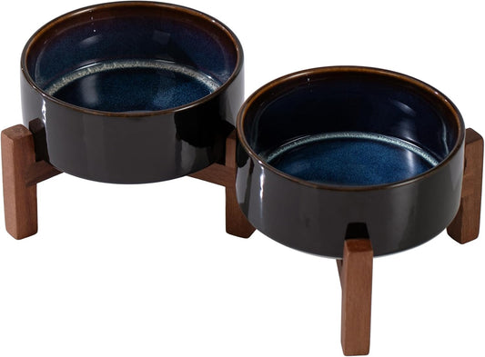 Ceramic 5.1inch Raised Double Bowls Set with Acacia Wood Stand, 2 Heights Elevated, Food & Water Bowls for Puppy, Kitty, Cats(13.5oz, Starry Sky)