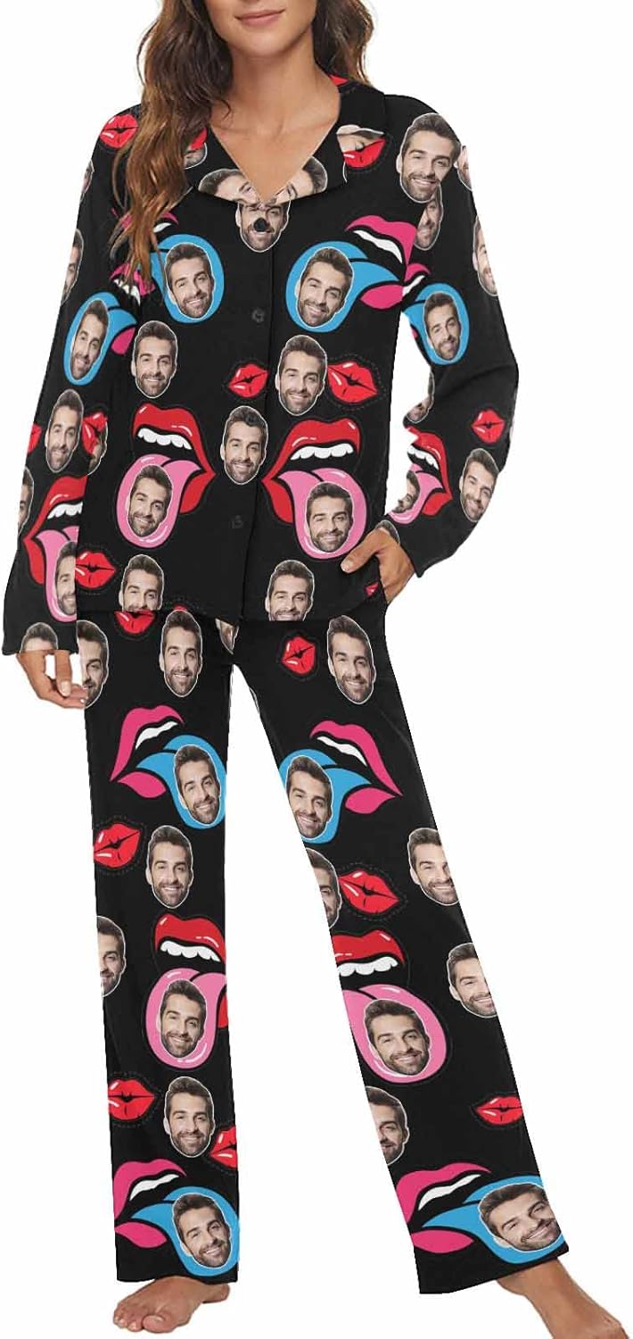 MyPupSocks Custom Face Pajamas for Women Set, Personalized Photo Long Sleepwear XS-XXL