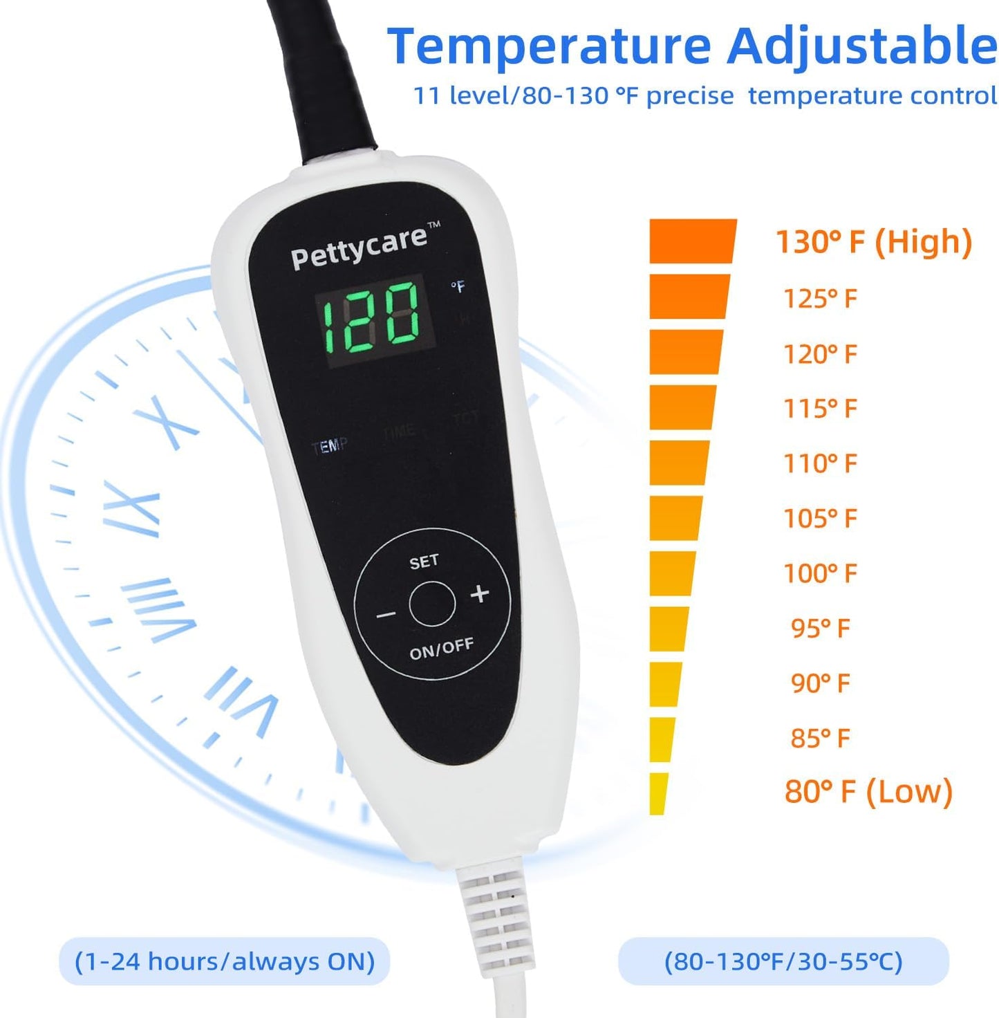 pettycare Pet Heating Pad for Dog Cat, Electric Heating with Steel-Wrapped Cord, 25-Level Timer & 11-Level Temperature Indoor Warming Pads Easy Clean for Puppy Cat Dog M 18x18inch