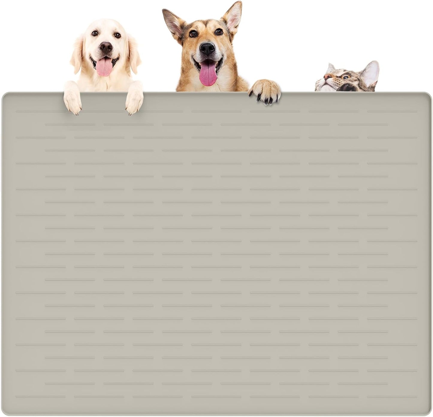 39.4"x29.5" Large Pet Food Mat, Silicone Dog Mats for Food and Water, Nonslip Pet Feeding Mats for Floors,Dog Cat Bowl Mat with Raised Edges, Beige