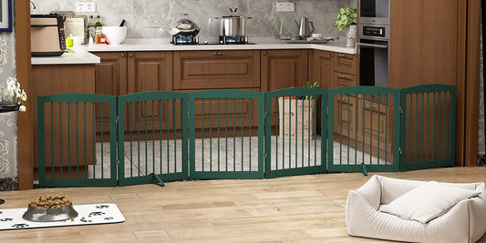 Freestanding Pet Gate for Dogs, Foldable Wooden Dog Gate for House, Extra Wide Indoor Pet Barrier for Stair, Doorway, Hall, Support Feet Included, 120 Inch Wide, 6 Panels 24",Green