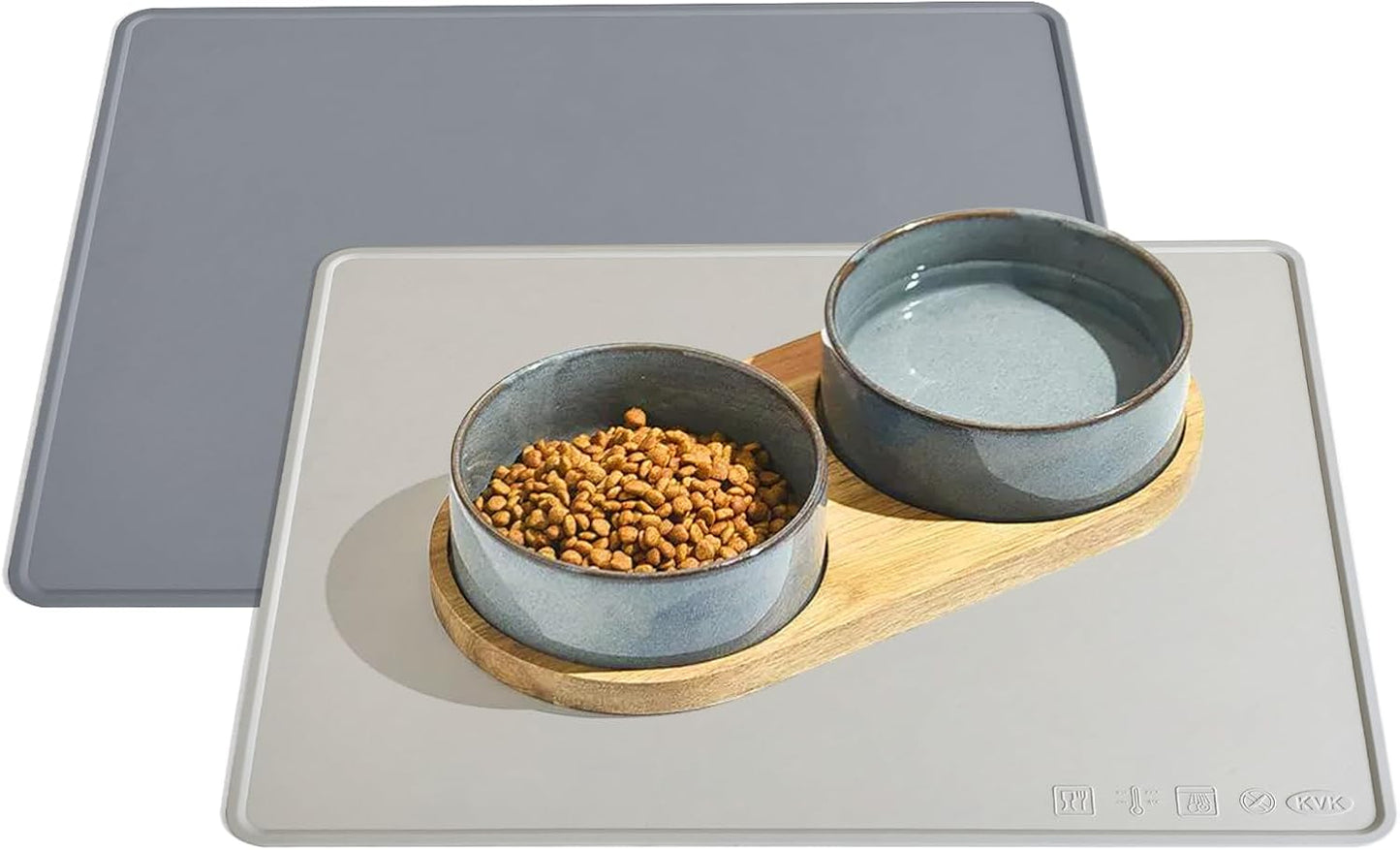 KVK Dog Water Mat 2-Pack 20×16in - Silicone Dog Mats for Food and Water, Non-Slip Pet Feeding Mat for Floors, Waterproof Cat Bowl Mats to Prevent Spills -Dark Gray & Silver Gray