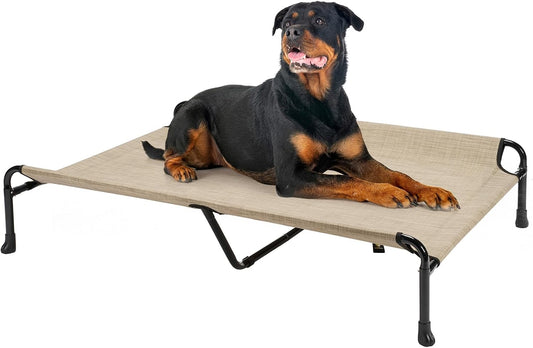 Veehoo Cooling Elevated Dog Bed - Raised for Large Dogs, Outdoor With Guardrail, Upgraded Non-Slip Feet, Breathable Teslin Mesh, Portable Camping Cot, 47 x 29 Inches, Beige Coffee