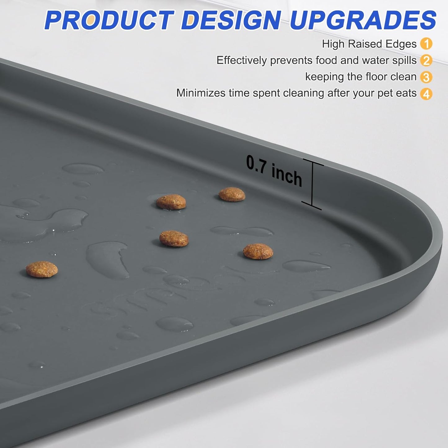Silicone Pet Feeding Mat with Raised Edge for Food and Water, Dog Bowl Mats, Cat Bowls Placemat with High Lip for Floor Waterproof, Rubber Tray for Cats and Dogs 19 x 12 x 0.7 Dark Grey