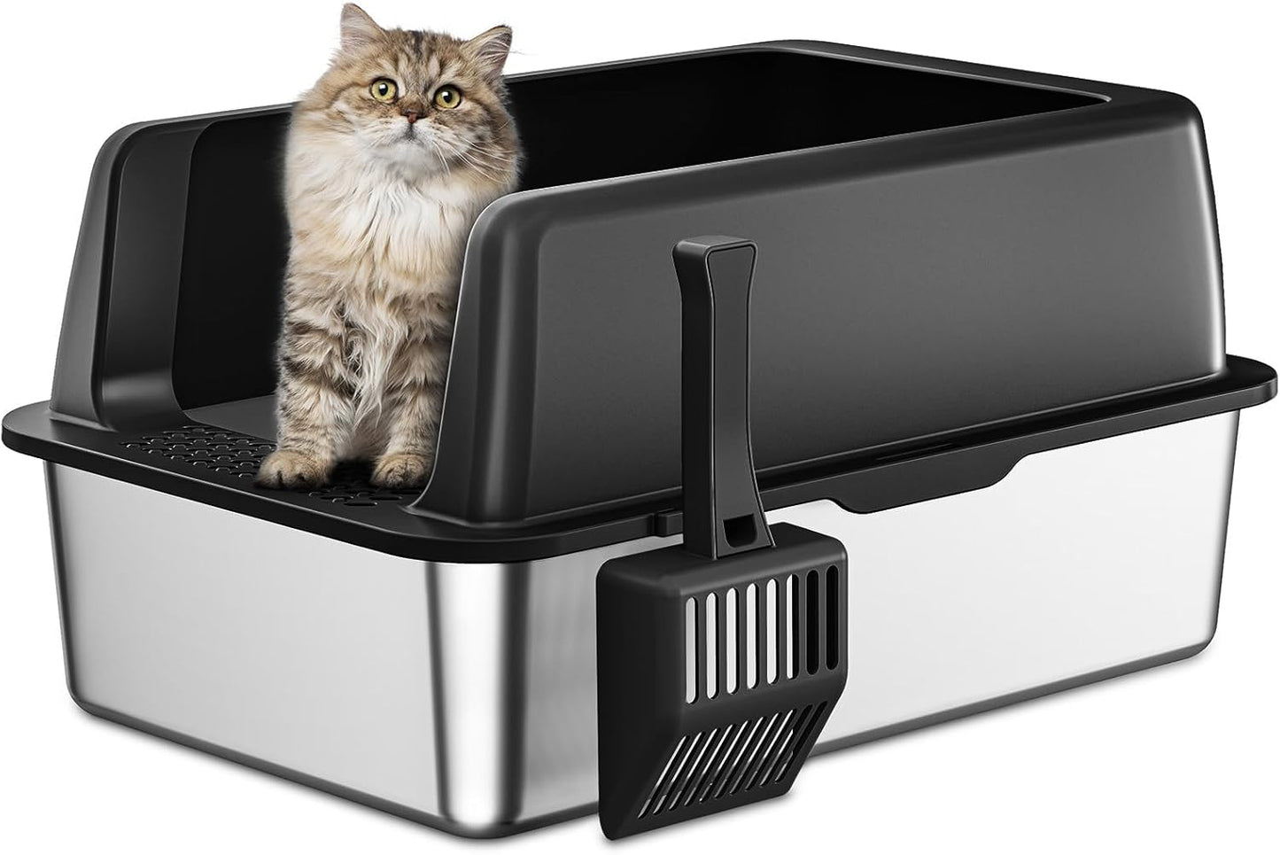 Zarler Stainless Steel Litter Box with Lid, Extra Large Cat Litter Boxes, XL Large Metal Litter Box for Big Cats with High Sided, Black (Non-Sticky, Easy to Clean, Anti-Urine Leakage)