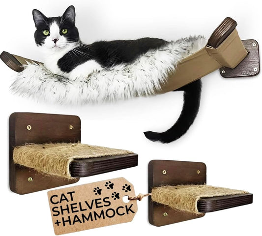 Multi-Level Cat Wall Hammock with Plush Cushion and Two Steps - Shelves Set with Perches for Playing, Climbing, and Sleeping - Wooden Cat Wall Bed
