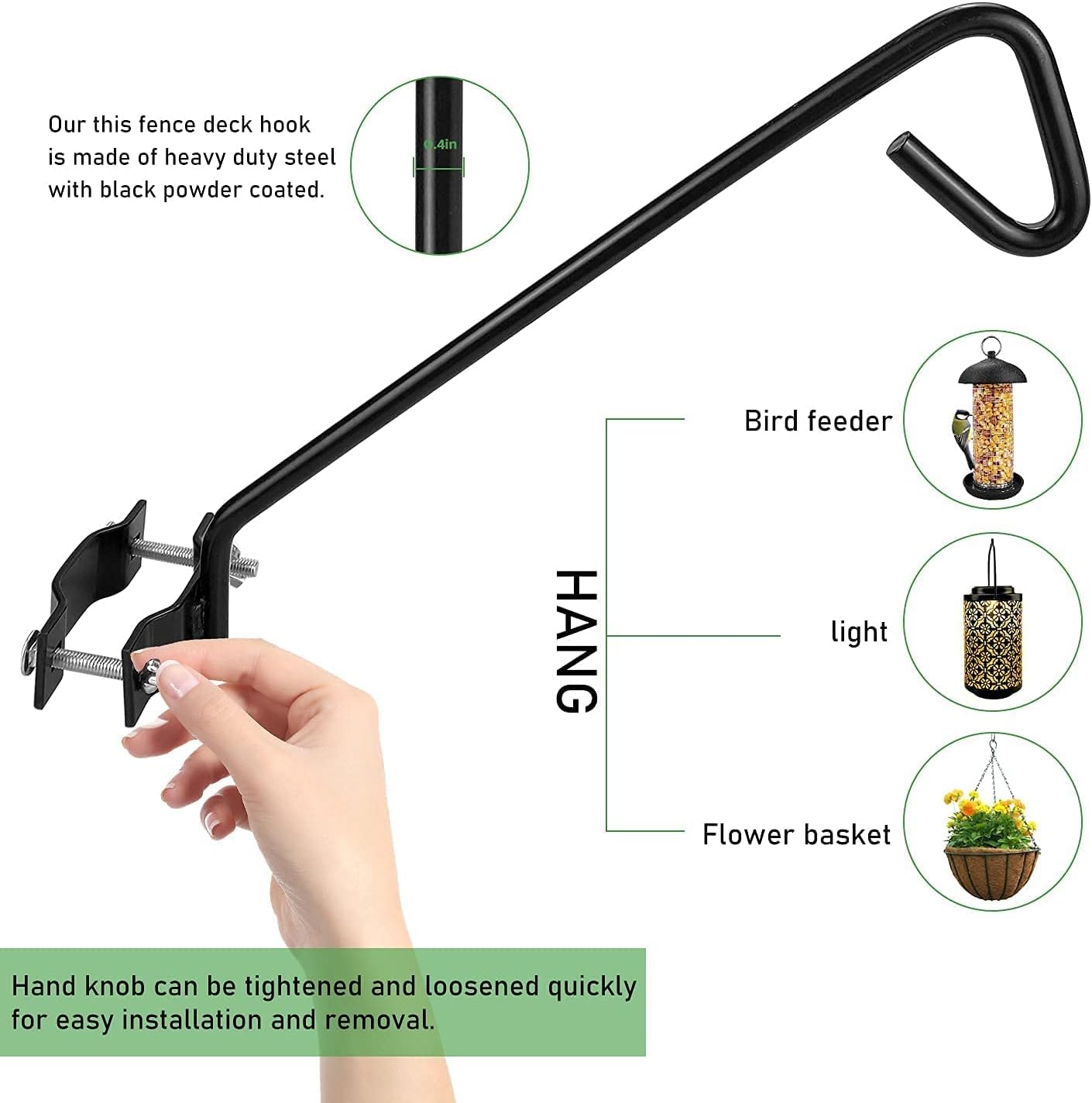 MIXXIDEA 11 Inch Long Fence Deck Hook Rail Hanging Mounting Kit Heavy Duty Bird Feeder Hook Decorative Hanger for Bird Feeders Planters Suet Baskets Lanterns on Balcony Porch Railing Fence
