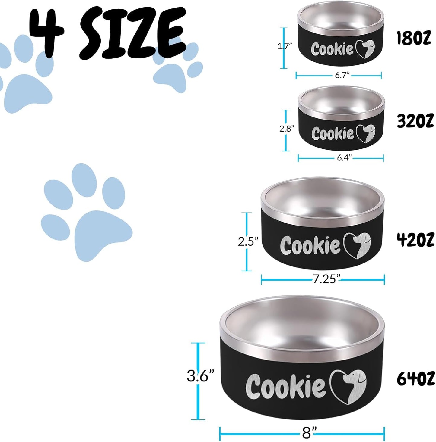 32OZ Personalized Dog Bowl Laser Engraved Custom Pet Name 18/32/42/64 oz No Slip Stainless Steel Insulated Bite-Resistant Food Water Dishes-White