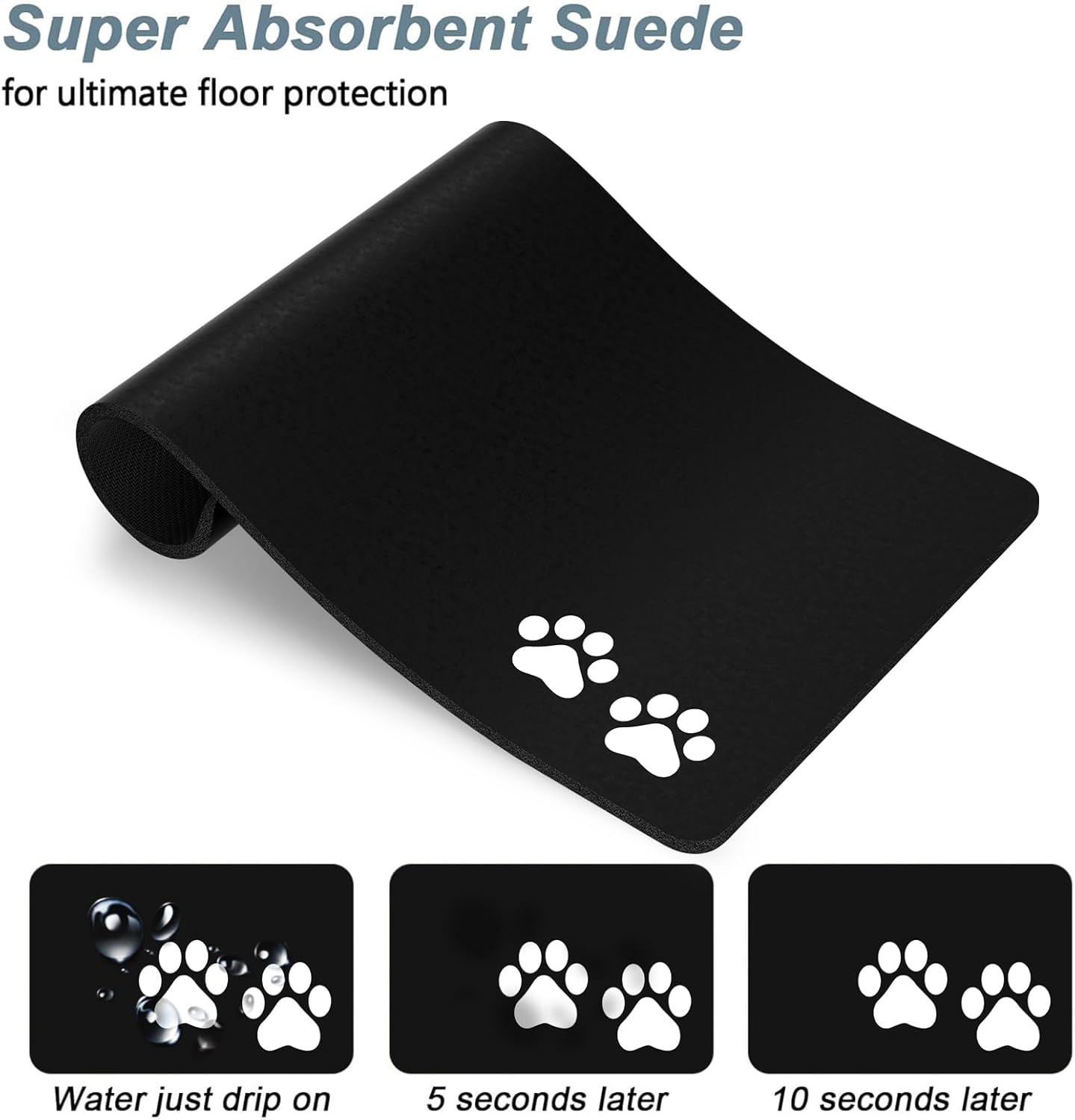 Rnivvi Dog Food Mat, 12" x 19" Footprint Absorbent Dog Cat Bowl Mat for Food and Water, Cute Anti-Slip Rubber Pet Feeding Rug Protect Floors, Puppy Placemat for Feeding & Watering Supplies, Black