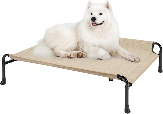 Veehoo Elevated Dog Bed, Cooling Raised Dog Bed with Guardrail & Headrest, Upgraded Non-Slip Silicon Feet, Breathable Teslin Mesh, Portable Pet Cot for Indoor and Outdoor, 35 x 22 Inches, Beige Coffee