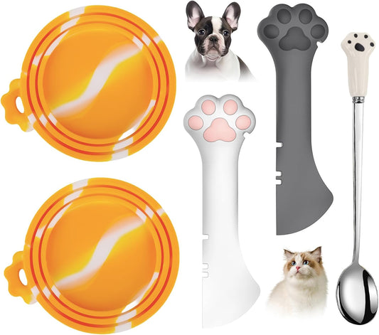 Comtim 5 Pcs Silicone Dog & Cat Food Covers - Multi-Function Can Opener Top/Spoon Spatula for Wet Food
