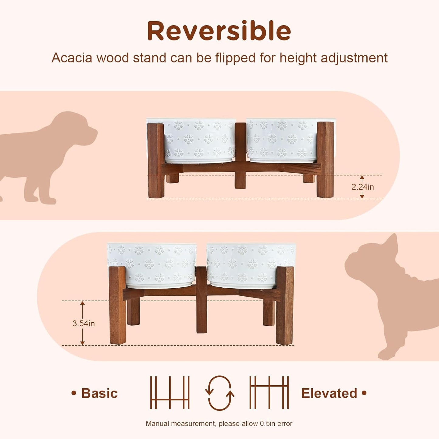 SPUNKYJUNKY Ceramic Dog Bowls Dog Bowl Set with Acacia Wood Stand Raised Dog Bowl Dog Food and Water Bowl for Small Medium Sized Dog (Deep, 15.5cm)