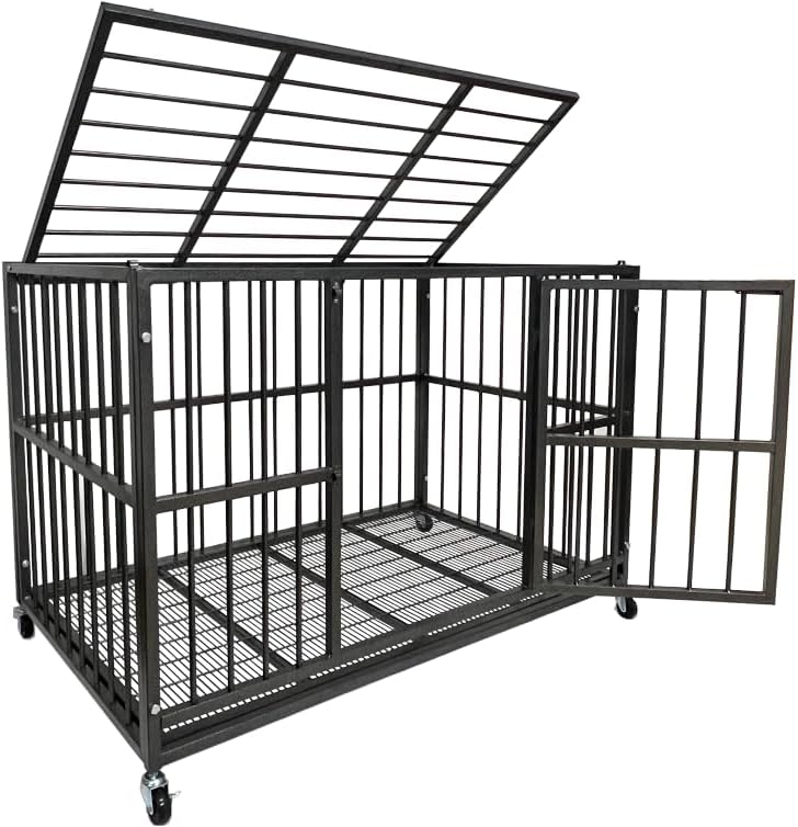 54/48/42/38 Inch Heavy Duty Dog Crate Cage with Wheels, Indestructible and Escape Proof Steel Kennel Indoor for High Anxiety Dogs with Sturdy Locks, Double Door and Tray, Extra Large XL XXL