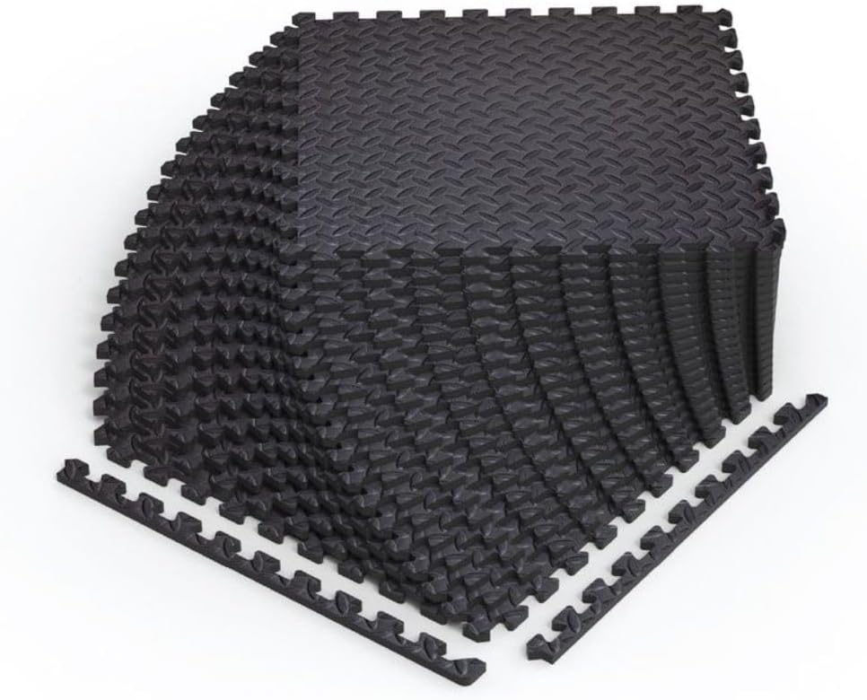 Norsk Foam Floor Gym Mats with Interlocking Tiles, .47" Thick, 24"x24",6-Pack, 24 Square Feet, Diamond Plate Design, Black