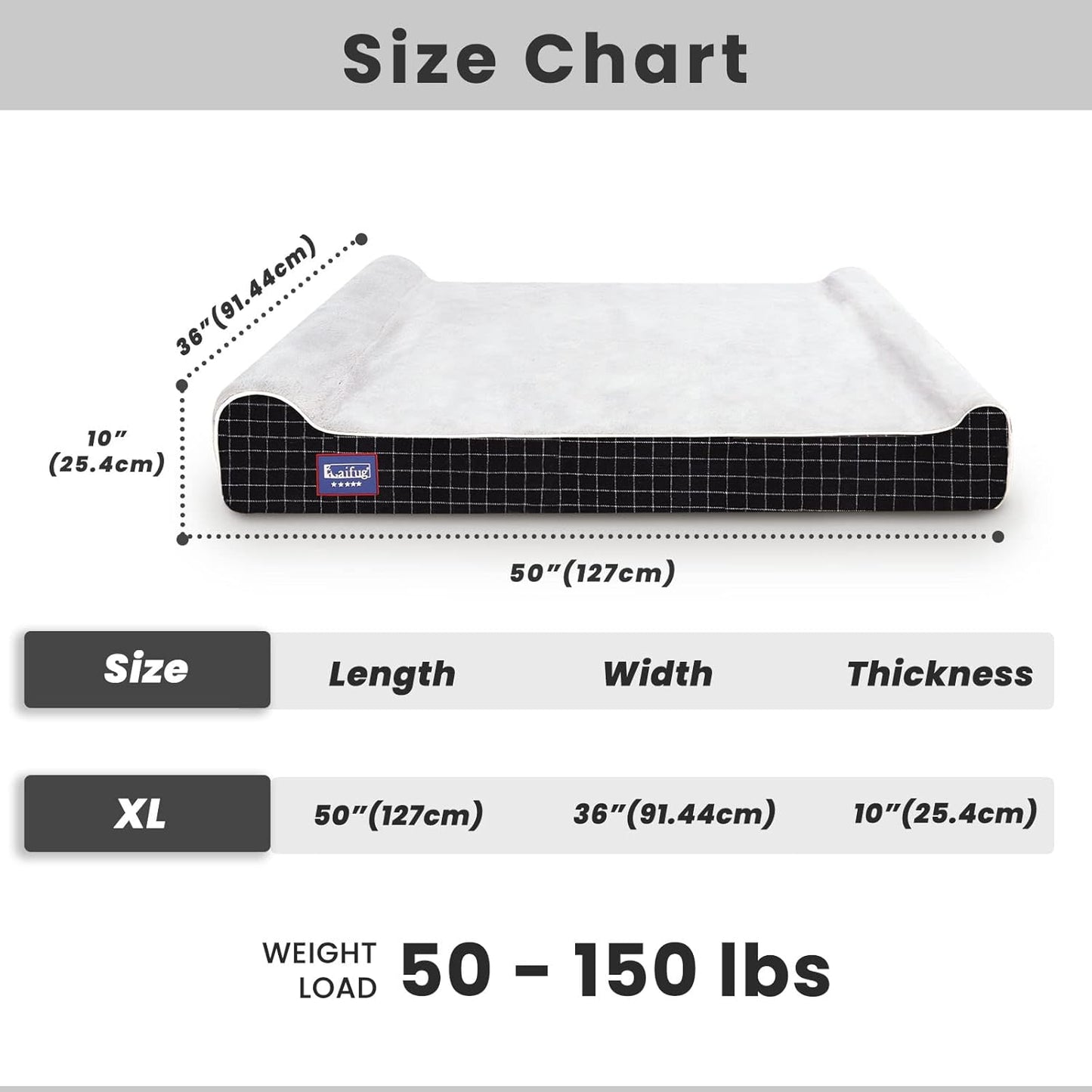 Laifug Orthopedic Memory Foam Extra Large Dog Bed with Pillow and Durable Water Proof Liner & Removable Washable Cover & Smart Design (Jumbo (50"x36"x10"), Black Grid Gray)