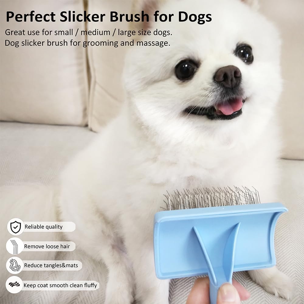 Slicker Brush for Poodles and Goldendoodles - Curved Brush for Thick, Fluffy, Shedding Fur on Dogs and Cats - Soft, Gentle Pins for Grooming (Blue)