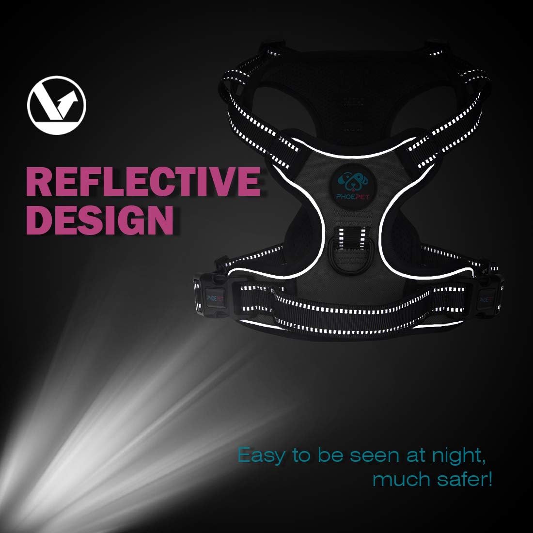 PHOEPET No Pull Dog Harness Medium Reflective Front Clip Vest with Handle,Adjustable 2 Metal Rings 2 Buckles(XL, Grey)