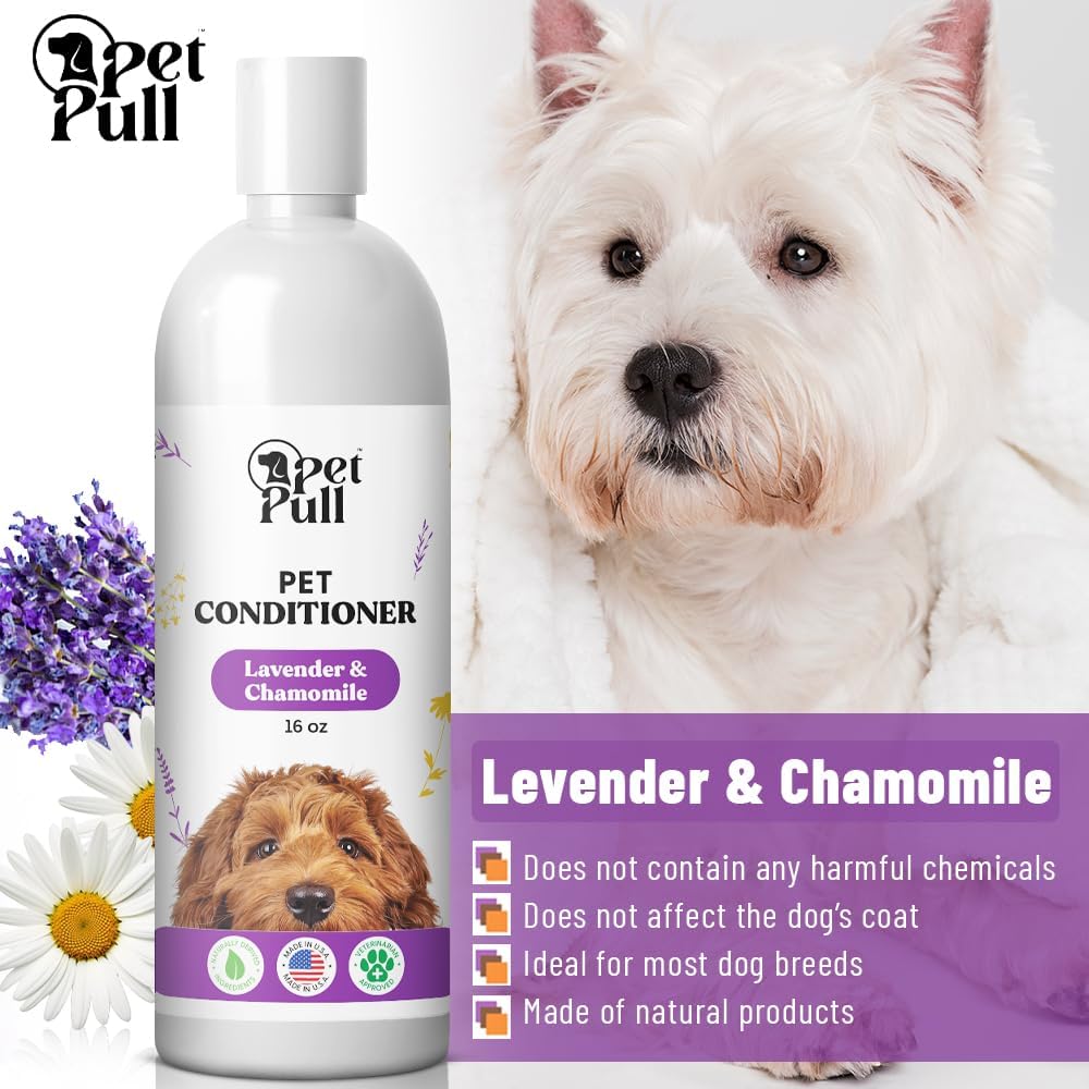 Dog Conditioner Puppy Essentials - Moisturizing Conditioner for Dogs with Lavender and Chamomile Scent - Plant Based Dog Bath Supplies Detangle and Revive Pet's Coat - Made in USA (16 Oz)