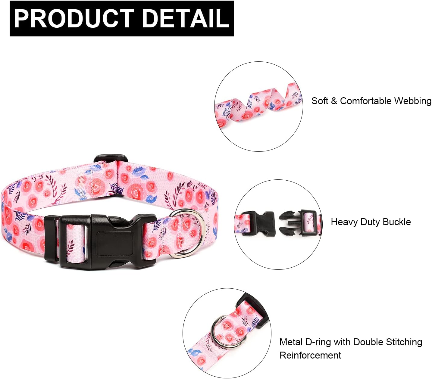 Mercano Adjustable Dog Collar - Special Design Patterns, Soft Nylon Comfortable Durable Pet Collar for Small Medium Large Dogs (S, Rose)