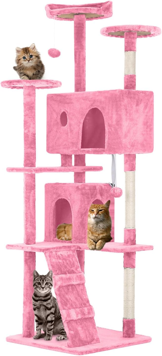 70 inches Cat Tower for Indoor Cats Multi-Level Cat Condos for XL Cat Tree Cat Climbing Tower with Scratching Posts, Hanging Toys,Pink