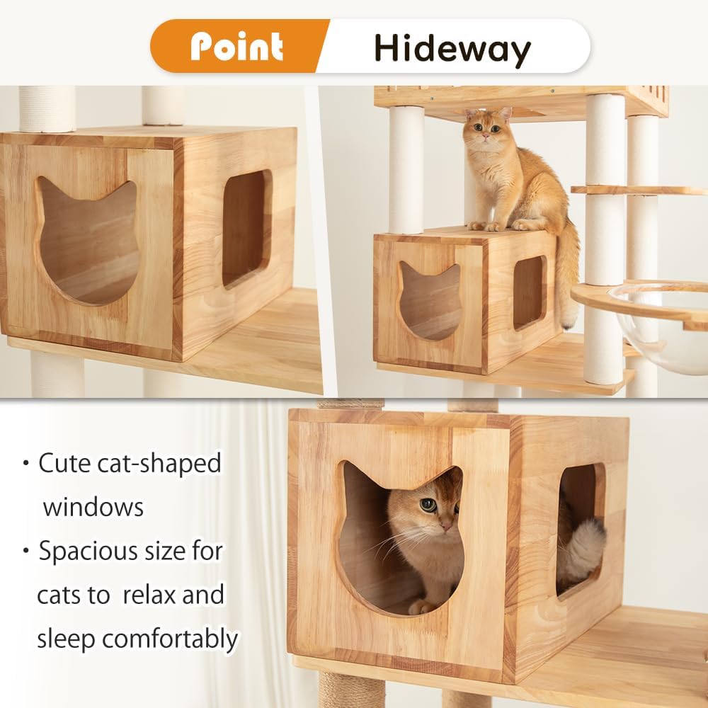 74.8" Wooden Cat Tree Tower for Large Cats, Multi-Level Cat Climbing Furniture with Scratching Posts, Cat Condo & Hammock, Natural Wood Cat Activity Center (White)