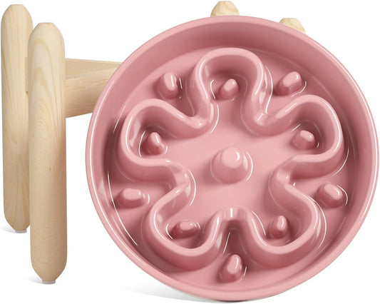 LE TAUCI Ceramic Slow Feeder Dog Bowls Elevated, 3 Cup Raised Bowl with Wooden Stand for Medium Large Breed, Slow Down Eating, Puzzle Dog Food Bowl, Pink Bloom
