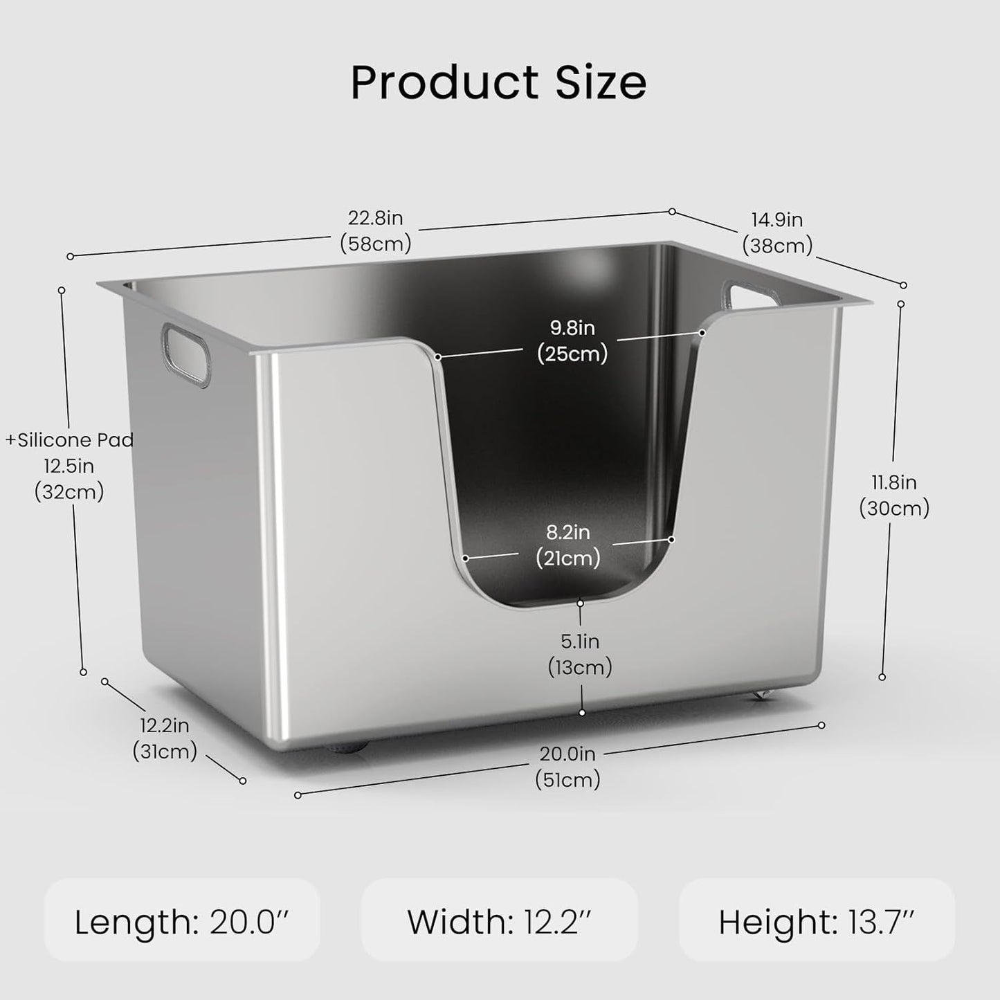 Stainless Steel Cat Litter Box 11.8” High Sides, Large Metal Litter Box with Low Entry for Big Cats, Leak-Proof Pet Toilet Kitty Litter Pan with Wheels for Mobility, Easy to Clean & Non-Stick