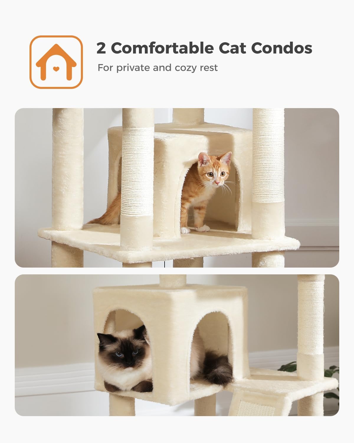 PAWZ Road 70 Inch Cat Tower, Tall Cat Tree with 2 Cozy Condos, 2 Plush Perch, Large Basket, 2 Scraching Pad & 6 Scraching Posts for Indoor Cats Large Adult, Beige