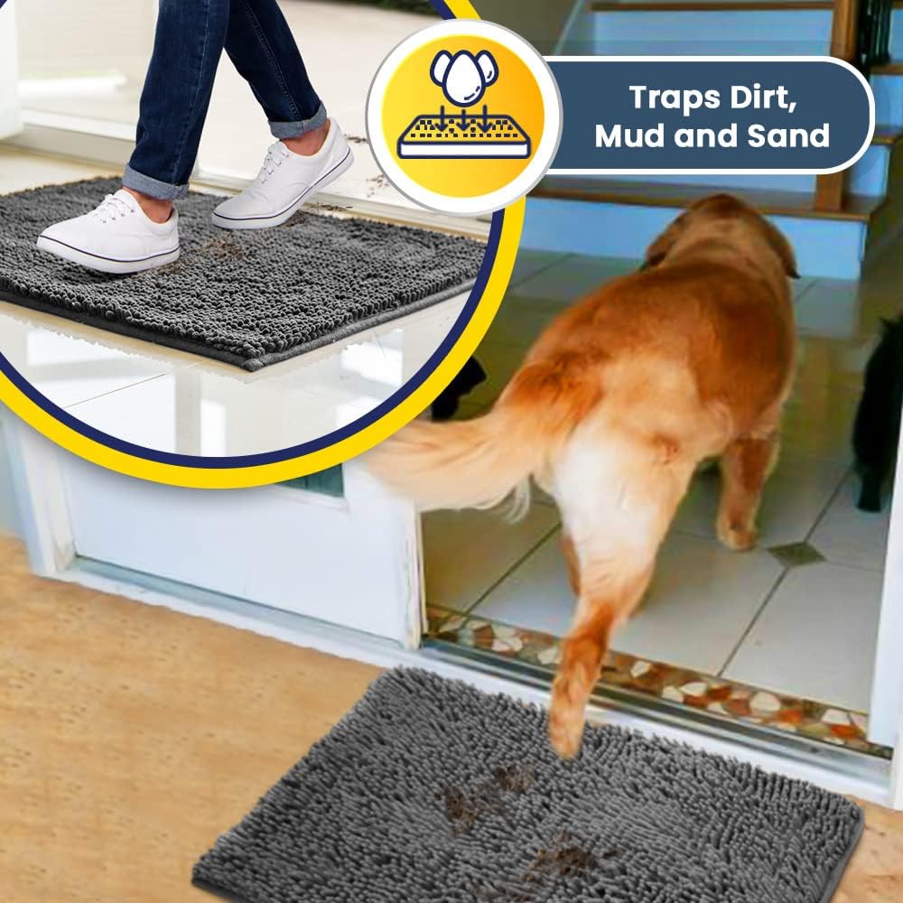Muddy Mat® Shown on TV – Super Absorbent Microfiber Dog Door Mat for Muddy Paws, Non-Slip Washable Pet Rug, Quick Dry Chenille Entryway Carpet, Machine Washable Indoor Outdoor mat, Grey 28"x18"
