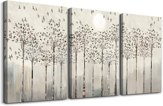Trees And Birds Abstract Paintings Canvas Prints Wall Art For Bedroom Bathroom Wall Decor Office Artworks Pictures Wall Decorations For Living Room,3 Piece Sunrise And Sunset Modern Home Decoration