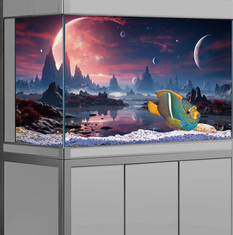 48X20IN Cosmic Spaceterrarium Background, Cool Parallel Space Themed Aquarium Reptile Habitat Background, Red Moon Aquarium Background with 10EVA Double-Sided Tape