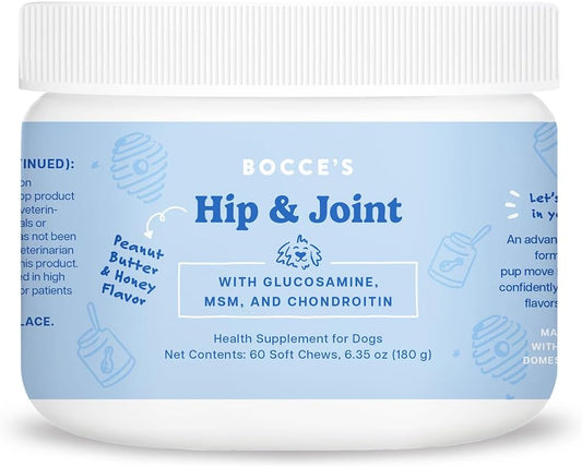 Bocce's Bakery Hip & Joint Supplement for Dogs, Daily Chews Made in The USA with Glucosamine, MSM, and Chondroitin, Supports Healthy Joints, Peanut Butter & Honey, 60 ct