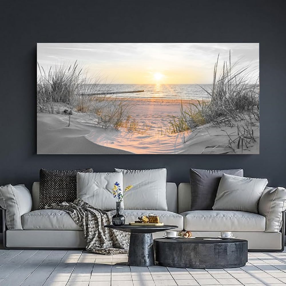 Yxbhhym-Large Wall Decor Living Room Black and White Sunset Beach Wall Art Ocean Picture Print Coastal Decor Seascape Artwork Sea Painting Poster Bedroom Wall Art Framed Office Home Decor