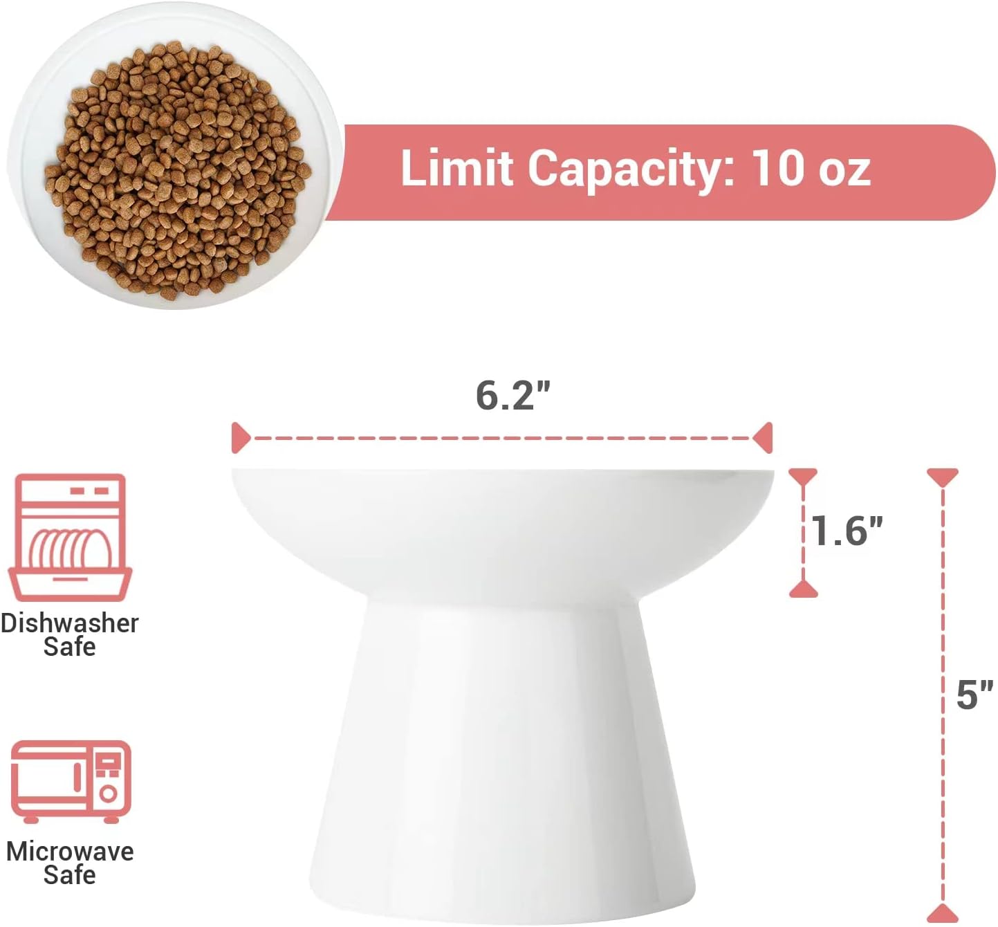 Extra Wide Elevated Ceramic Cat Bowl - 6.2" Shallow Dish for Whisker Fatigue Relief, 5" Height for Easy Feeding, Lead & Cadmium Free, Durable Raised Cat Food Bowls, White