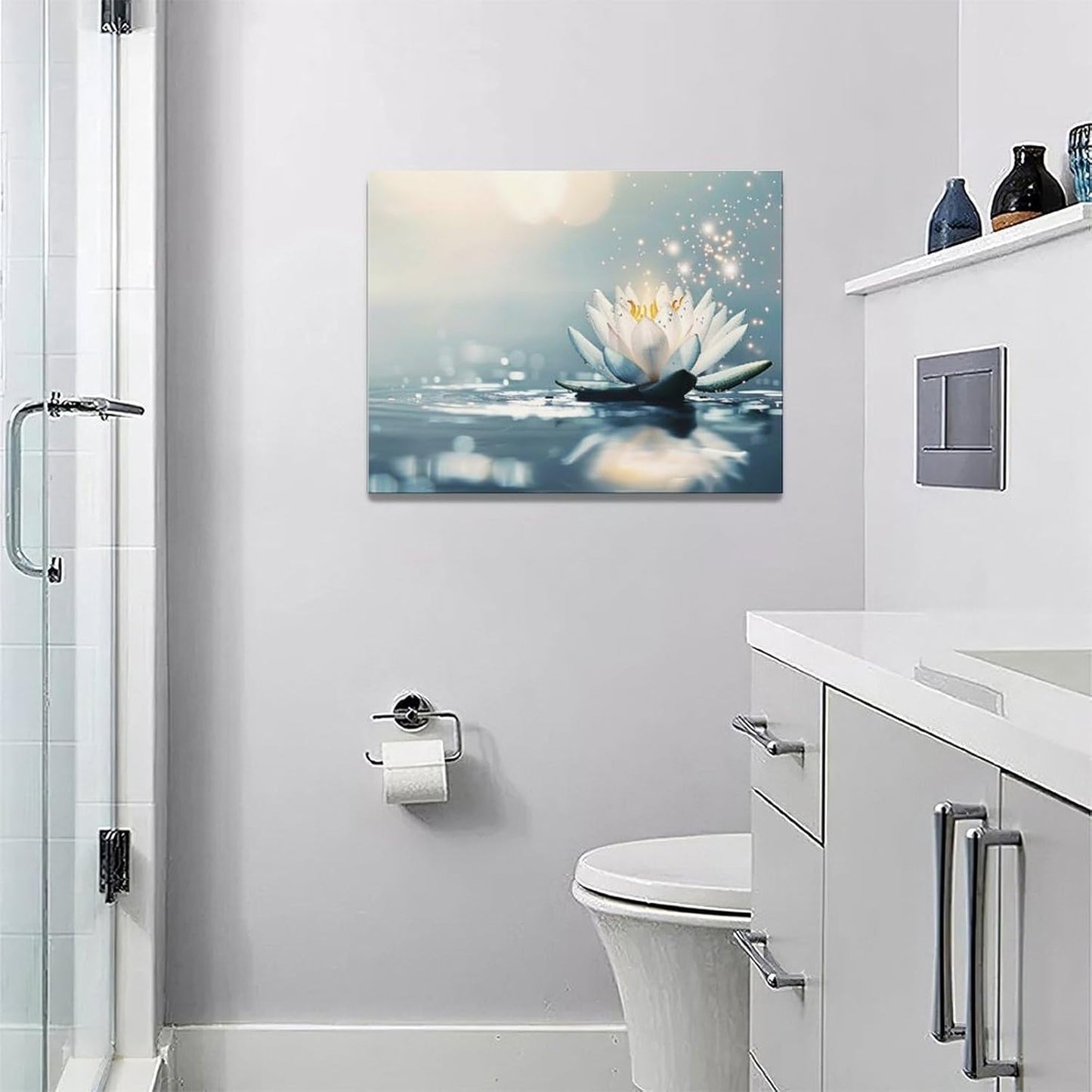 Bathroom Lotus Wall Art Floral Pictures Zen Meditation Wall Decor Yoga Spa Spiritual Canvas Print Painting Artwork for Bathroom Restroom Living Room Bedroom 12"x16"