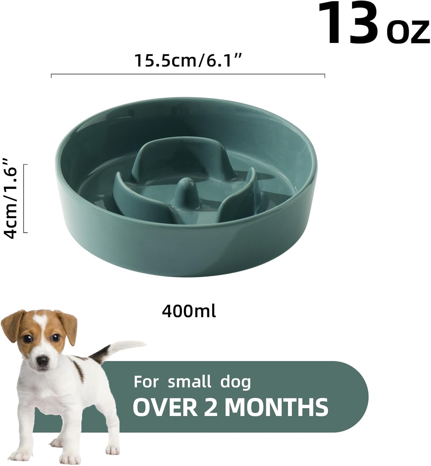 6.1inch Ceramic Dog Bowl Slow Feeder, Slow Dish for Small Dog, Wet and Dry Food Dish, Stop Bloat, Preventing Choking(Single Bowl-Dark Green)