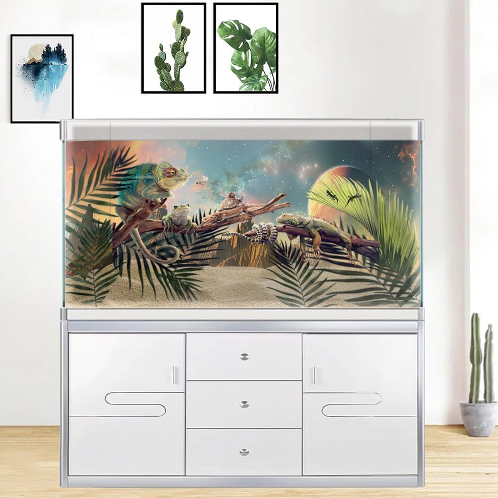 Cosmic Aquarium Background,Cool Galaxy Parallel Space Themed Fish Tank Background, Tropical Desert Terrarium Background 72X18IN with 8 EVA Double-Sided Tape