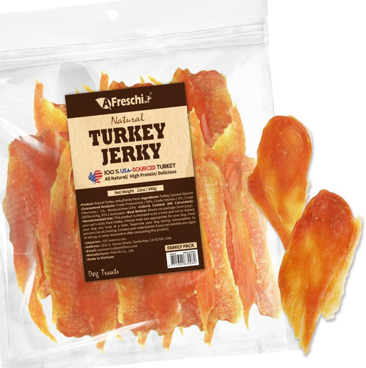 AFreschi Turkey Jerky Dog Treats –12 oz, USA-Sourced Trukey, All-Natural, Hypoallergenic, High-Protein, Low-Fat, Healthy & Easily Digestible, Puppy & Training Snack