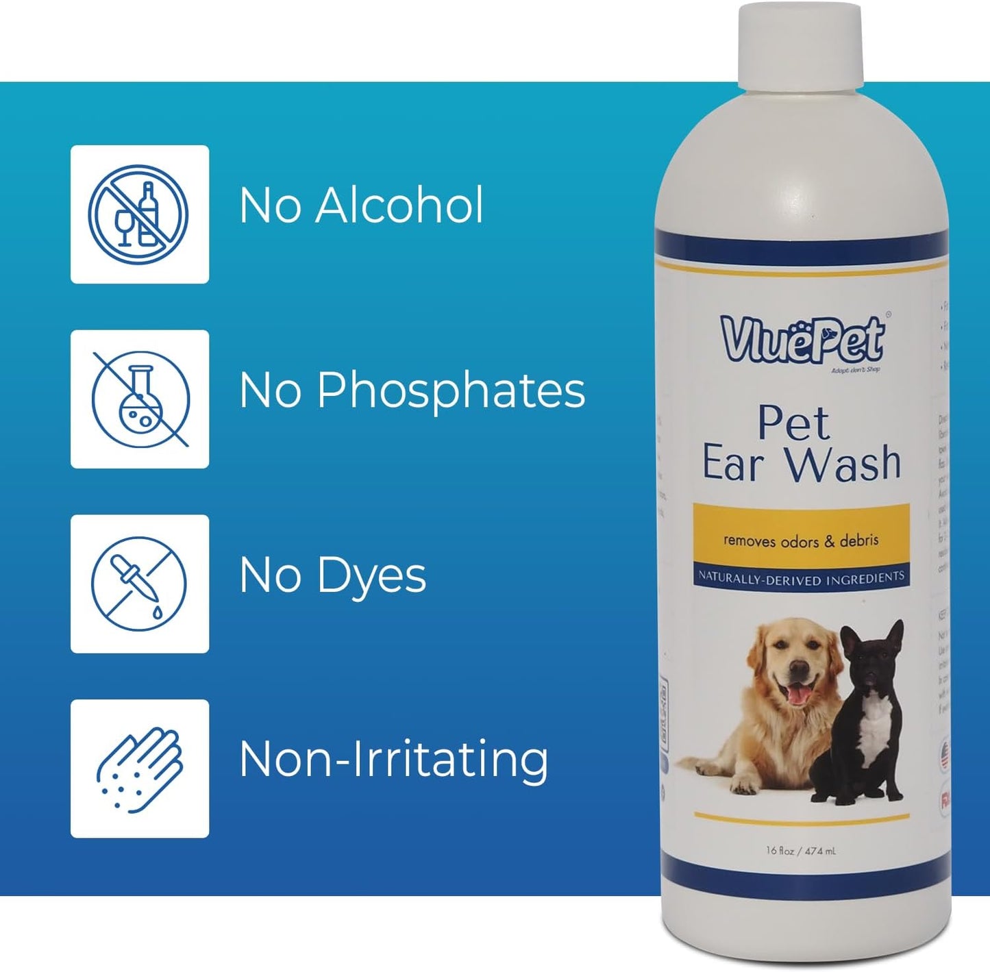 VLUEPET | Pet Ear Wash - Ear Infection Treatment to Relieve Ear Itching & Inflammation for Dog and Cat - Gently Remove Ear Wax - Natural Ingredients and Alcohol Free Ear Wash - All Natural – 16 fl oz