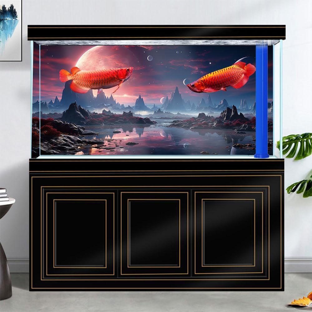 30X18IN Cosmic Spaceterrarium Background, Cool Parallel Space Themed Aquarium Reptile Habitat Background, Red Moon Aquarium Background with 10EVA Double-Sided Tape