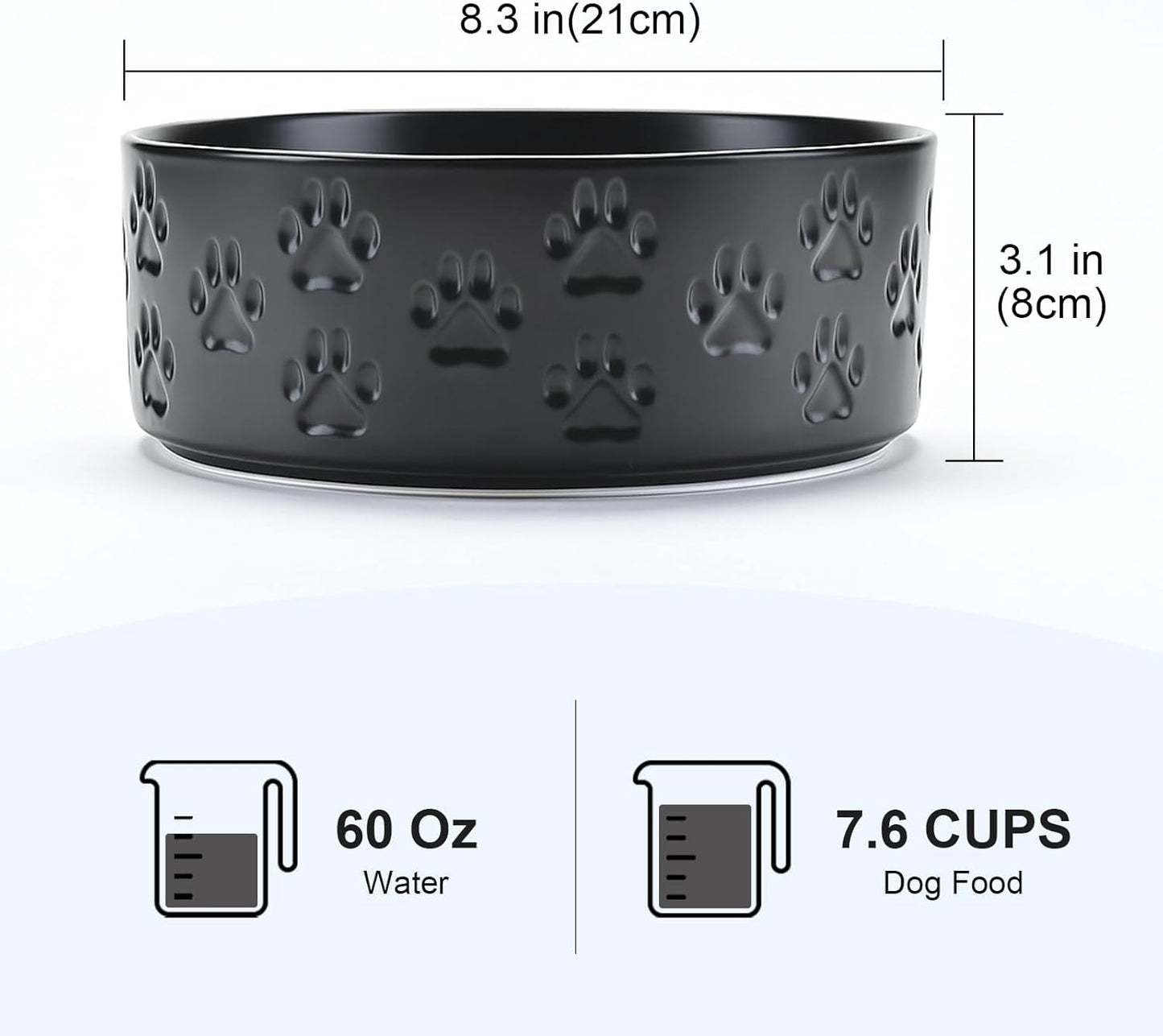 SPUNKYJUNKY Ceramic Dog Bowls 2 Pack, 8.3'' Dog Food Water Double Feeding Bowls Non-Slip for Medium to Large Sized Breed Microwave Dishwasher Safe - 60 OZ, 2pcs, Paw Black