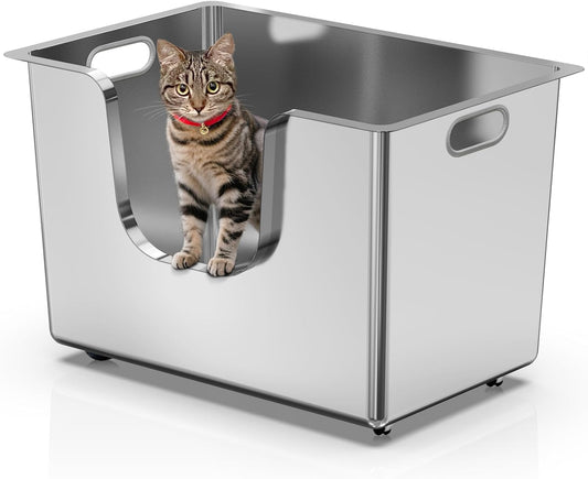 Stainless Steel Cat Litter Box 11.8” High Sides, Large Metal Litter Box with Low Entry for Big Cats, Leak-Proof Pet Toilet Kitty Litter Pan with Wheels for Mobility, Easy to Clean & Non-Stick