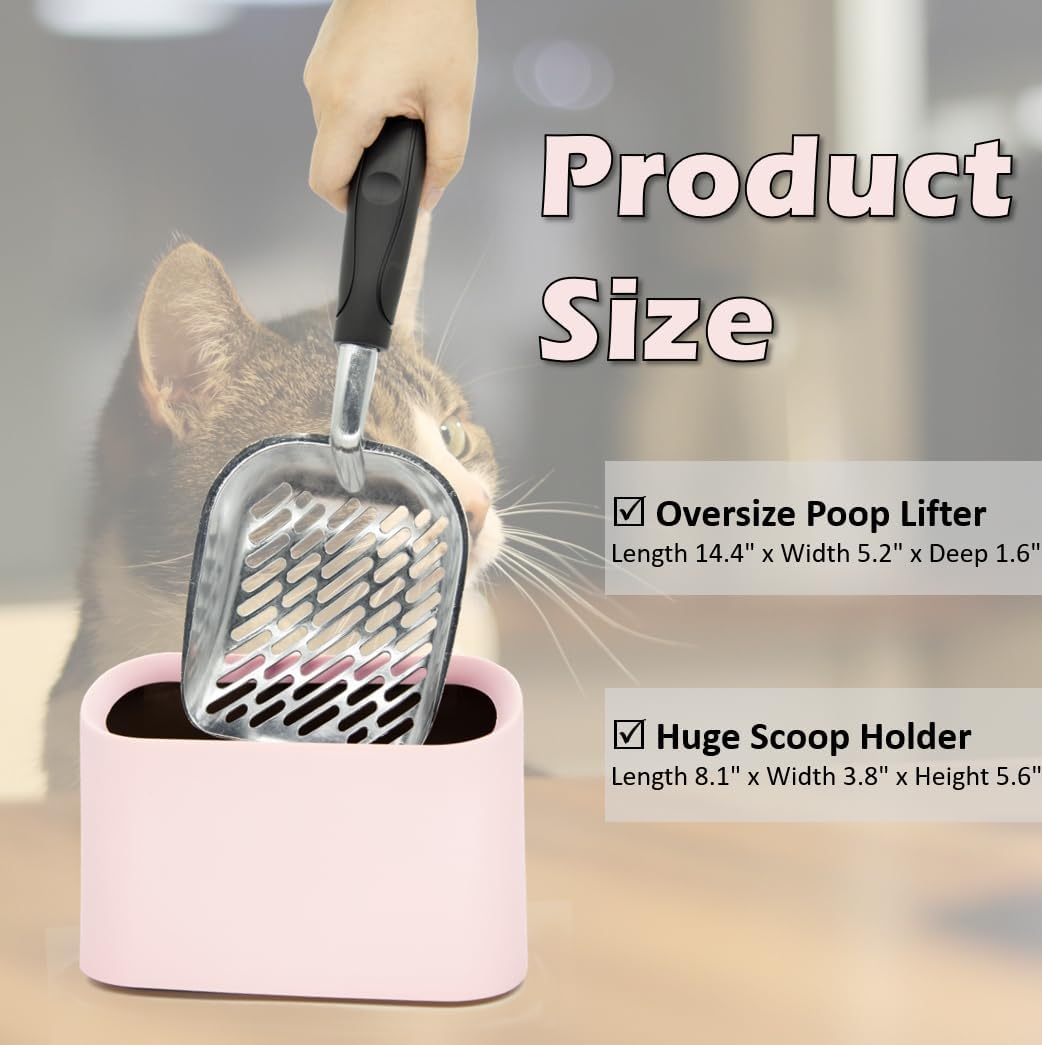 Full Metal Cat Litter Scoop with Holder – Heavy Duty Litter Scooper & Speed Sifter – Aluminum Cat Poop Scooper Captures All Clumps – Washable Stand for Easy Cleaning