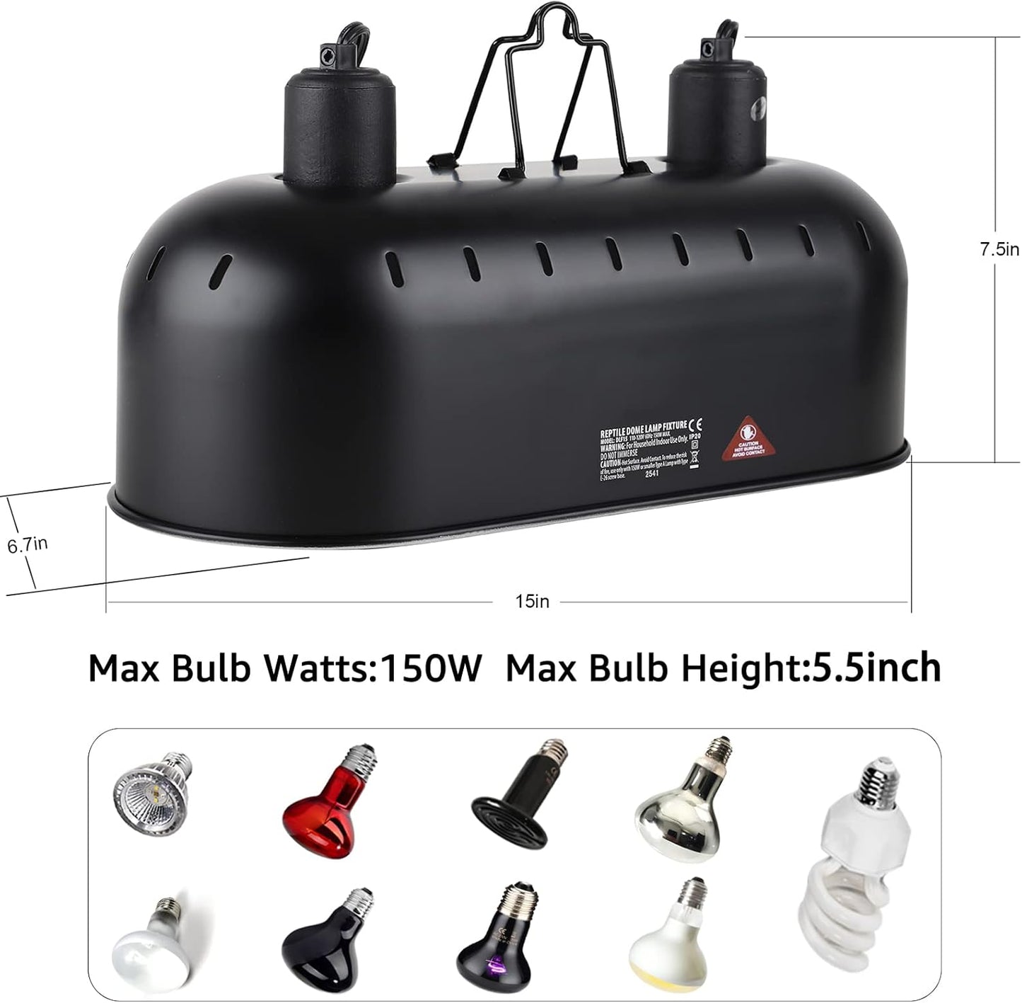 DXOPHIEX 15 inch Dual Reptile Light Fixture, Max 150W Reptile Heat Lamp with 2PCS 150W Ceramic Heat Emitter, Double Dome UVB Light Fixture for Terrarium and Tortoise Habitat