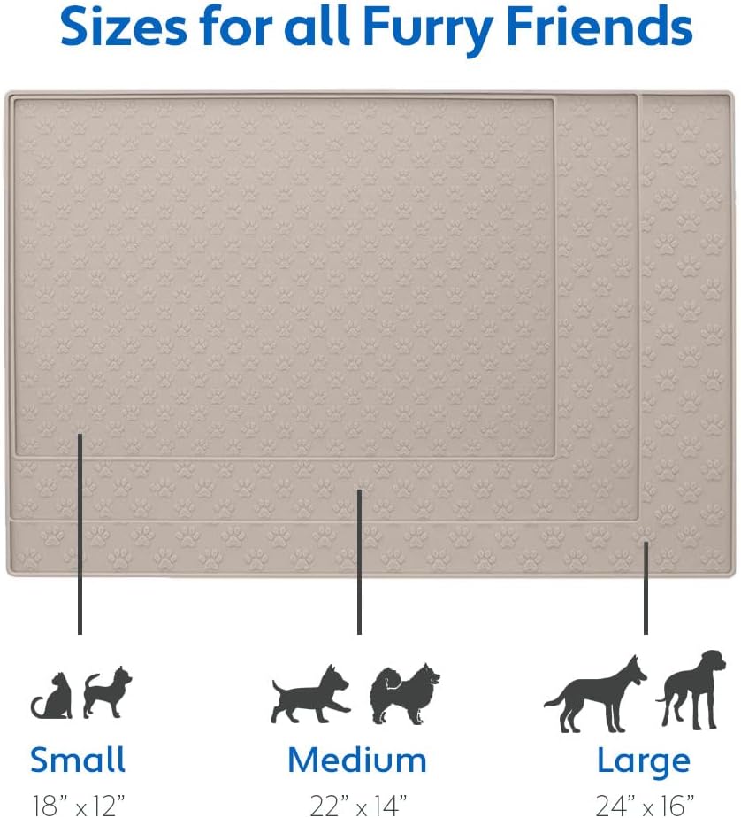 MIGHTY MONKEY 100% Waterproof Dog Food Mat, Raised Edges Silicone Pet Feeding Placemat for Cat, Dogs, Pet Bowls, High Lipped Tray Prevents Water Spills, Food on Floor, Dishwasher Safe, 22x14, Beige