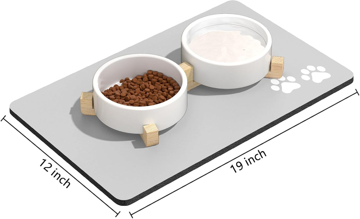 Rnivvi Dog Food Mat, 12" x 19" Footprint Absorbent Dog Cat Bowl Mat for Food and Water, Cute Anti-Slip Rubber Pet Feeding Rug Protect Floors, Puppy Placemat for Feeding & Watering Supplies, Gray